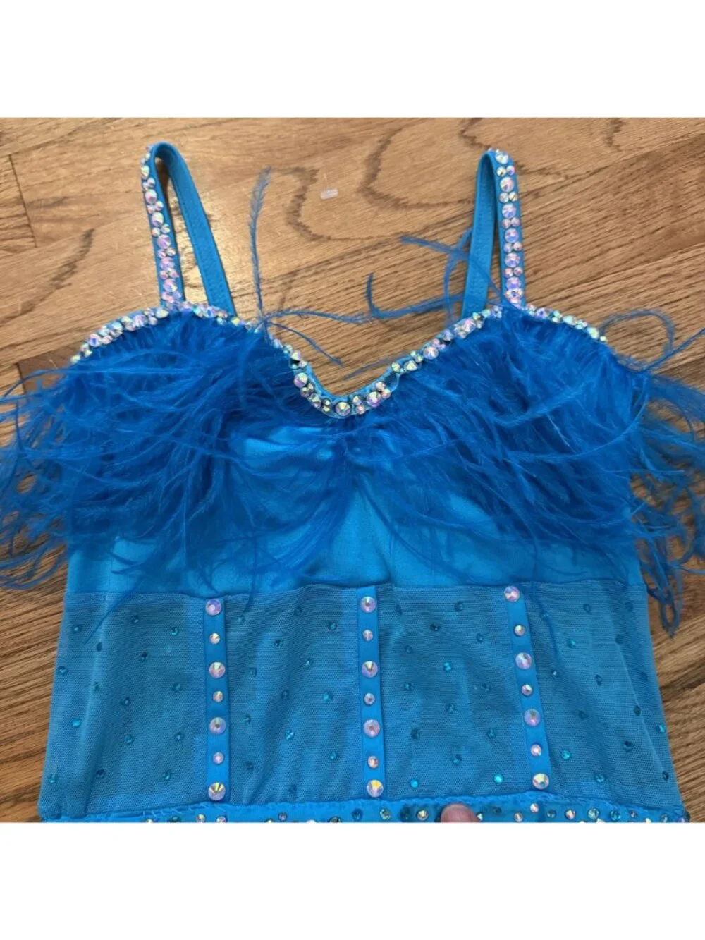 Kelle Costumes Large Child Blue Jazz Tap Musical Theater Feathers Rhinestones